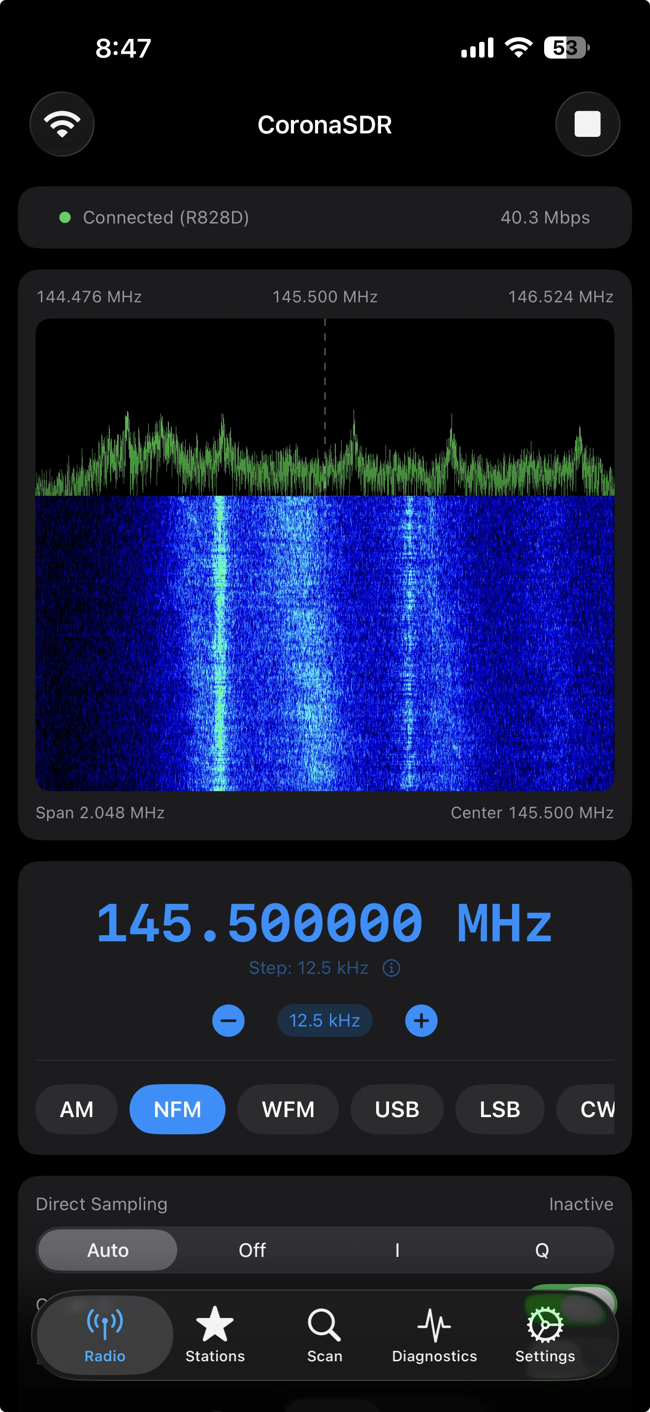CoronaSDR app showing live spectrum waterfall on iPhone